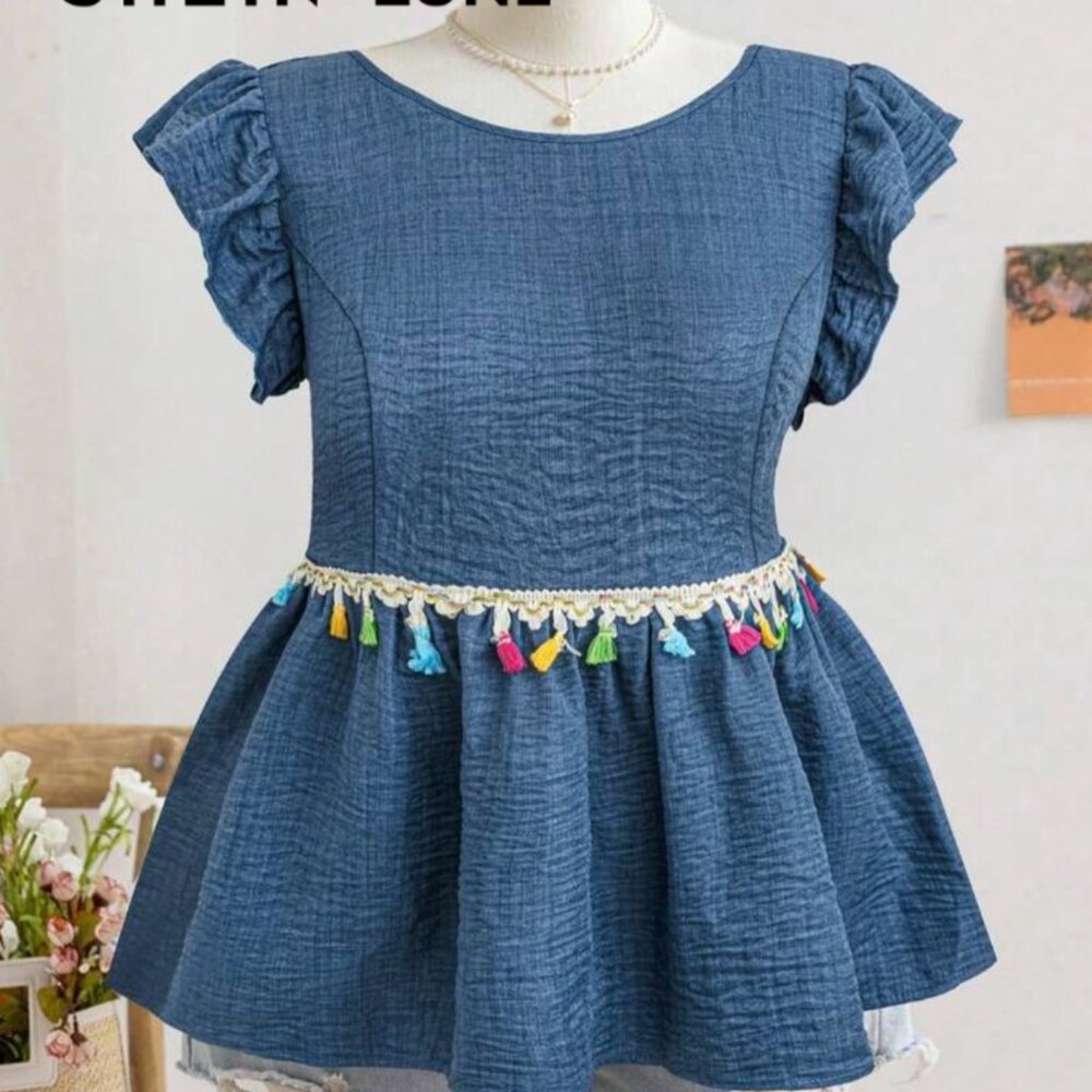 Shein Plus Cinched Waist Back Bow Tassel Blouse